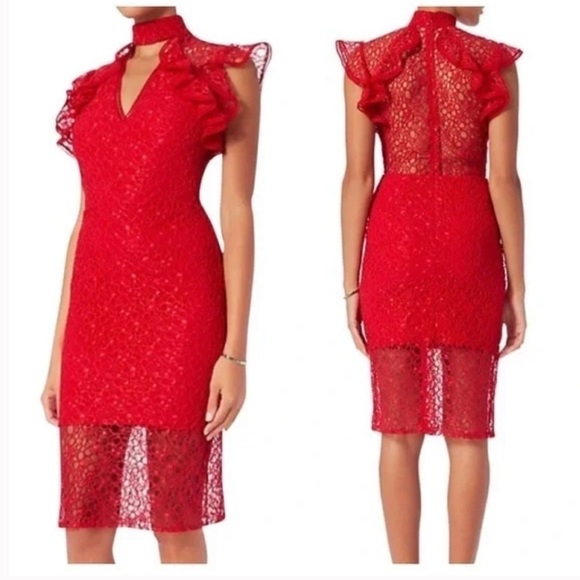 Alexis Halley Red Cut-Out Ruffle Trim Lace Dress. Size XS.